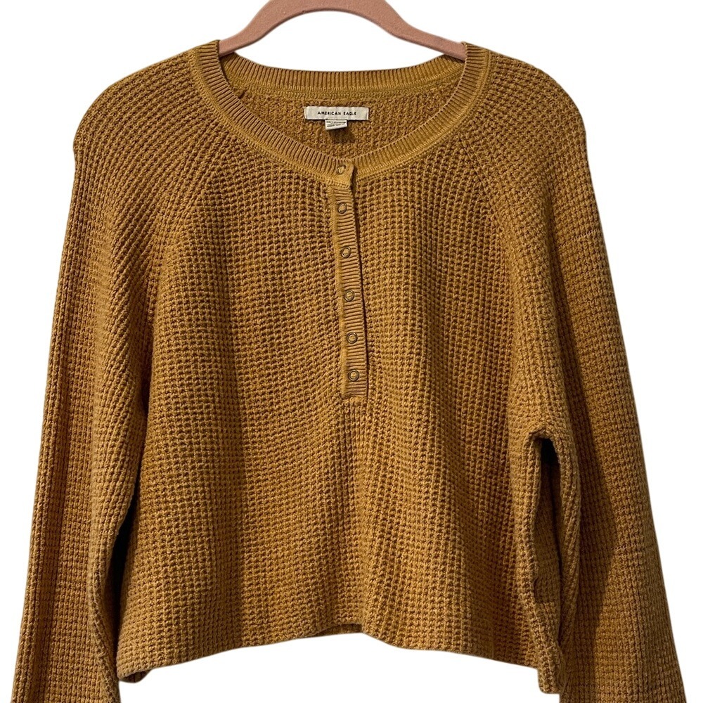 American Eagle waffle knit mustard boxy cropped sweater top XS